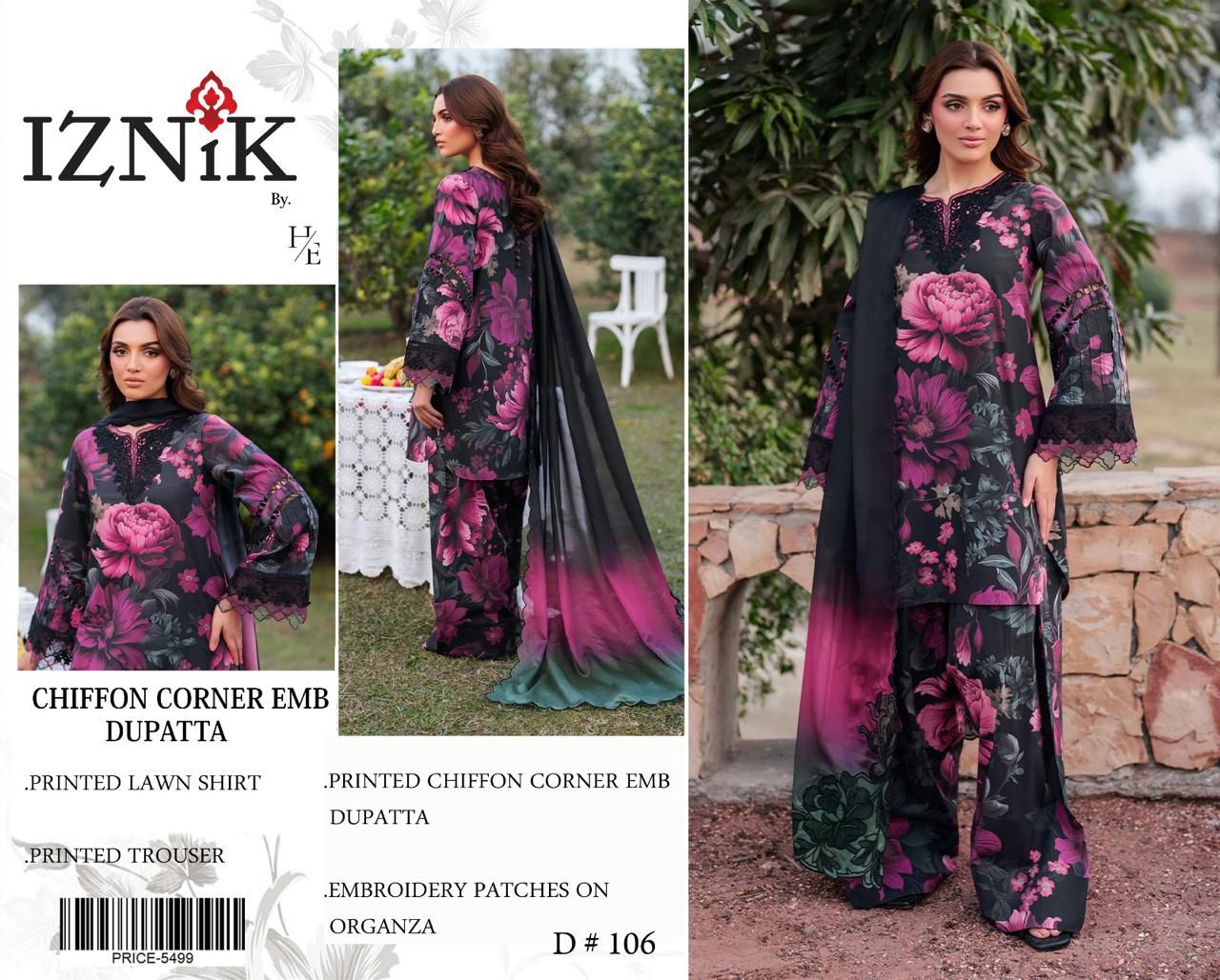 IZNIK 3 pcs lawn with VOIL DUPATTA. wholesale market.